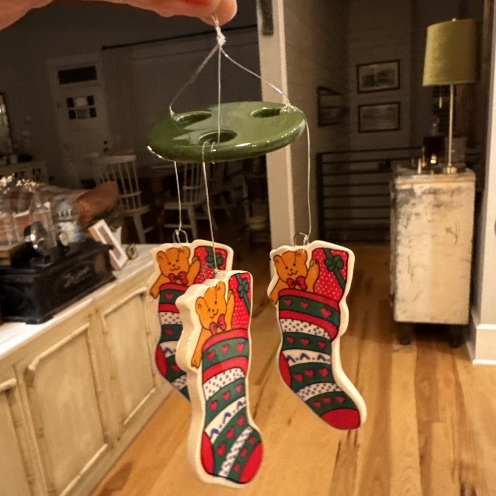 Vintage RUSS Holiday Mini Chime‎ Bear Stocking Ceramic Christmas Ornament